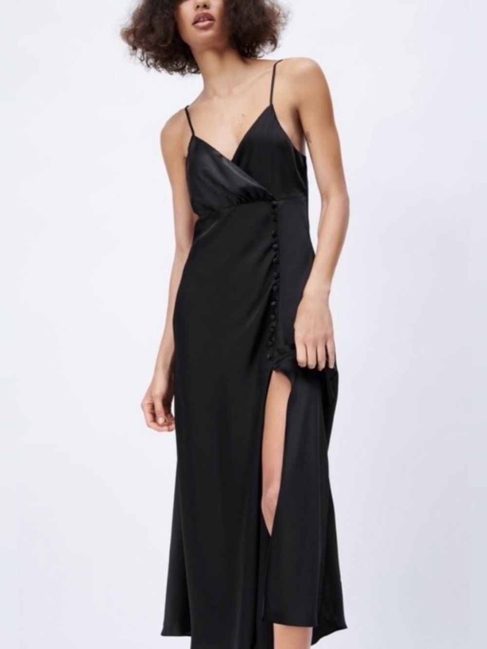 Zara Black Spaghetti-Strap Midi Dress with Side Button Detail